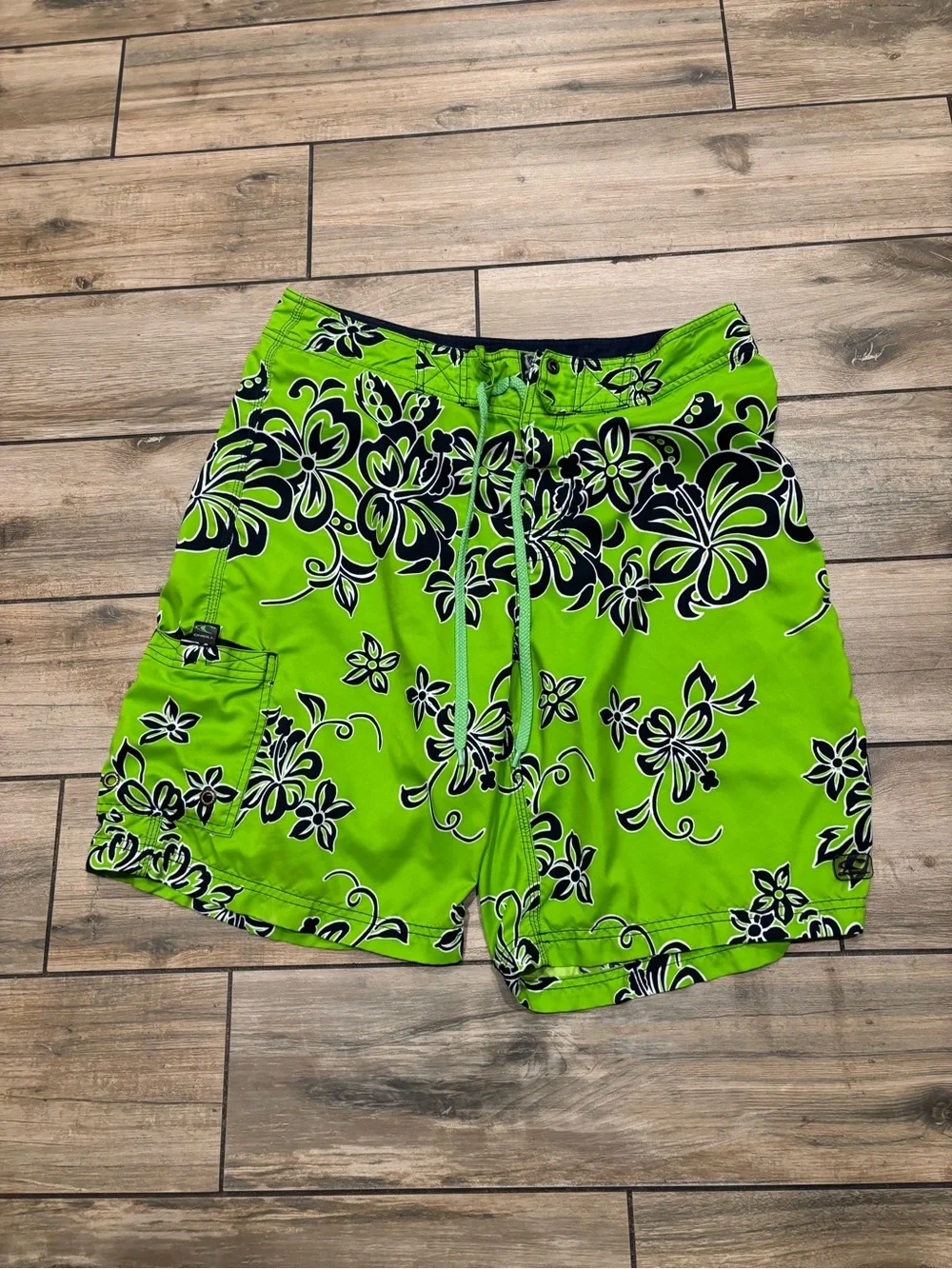 Vintage ONeill Mens Size 34 Lime Green Floral Hawaiian Y2K Surf Boardshorts